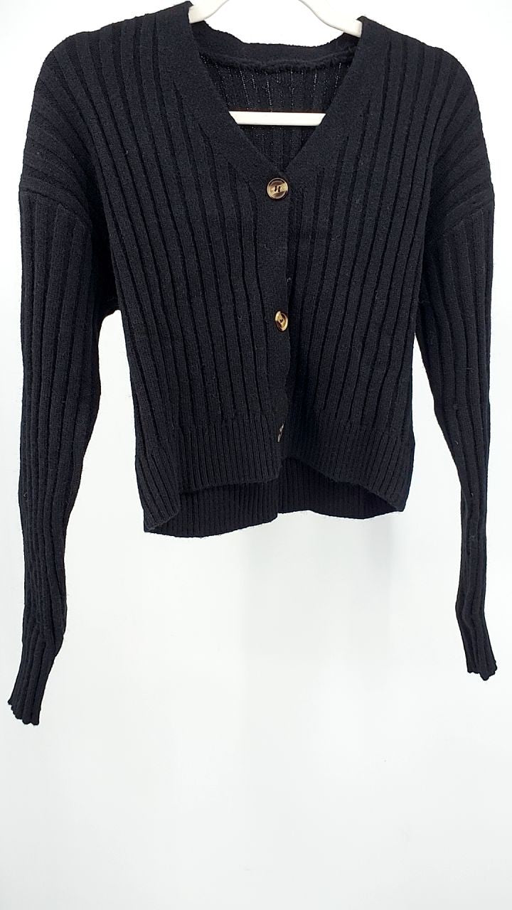 Ribbed Knit Button-Up Cropped Cardigan