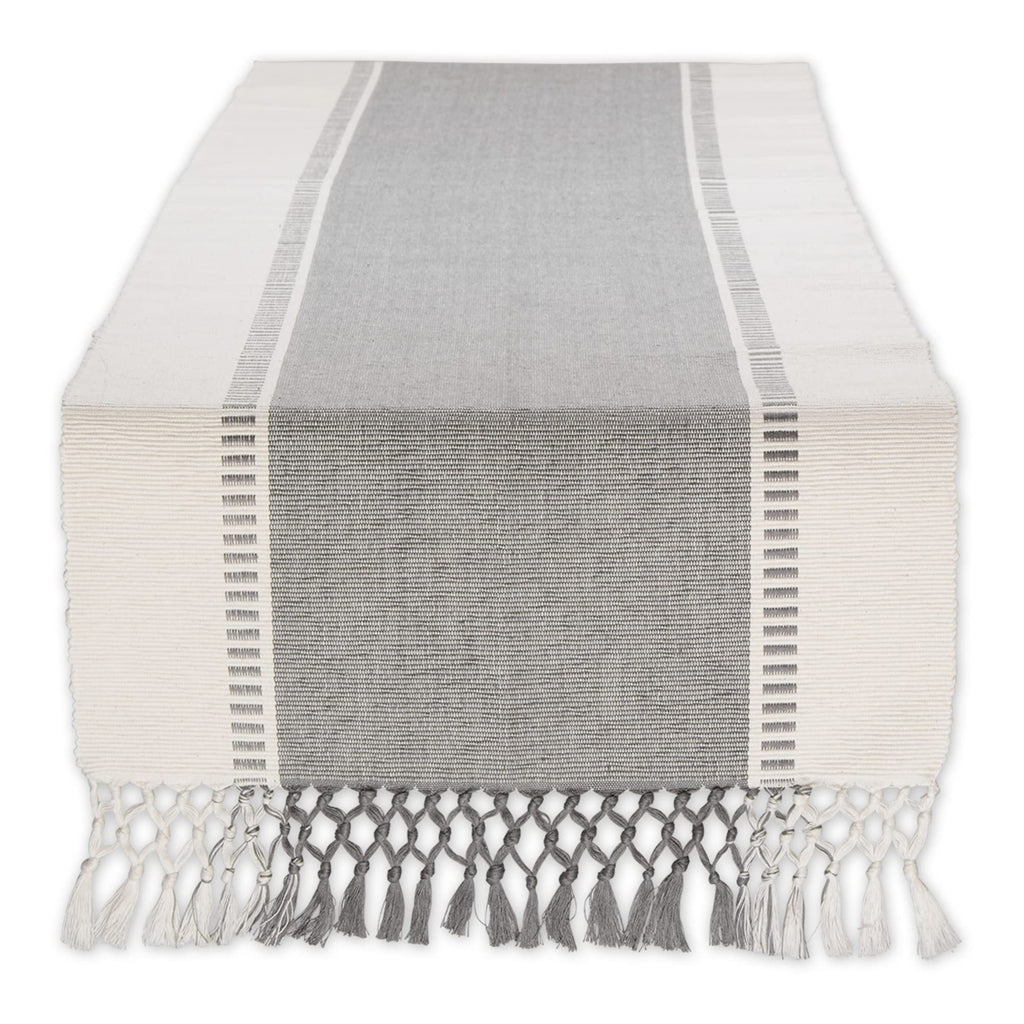 Dobby Stripe Table Runner 13x108in Cool Gray Cotton W/ Fringe