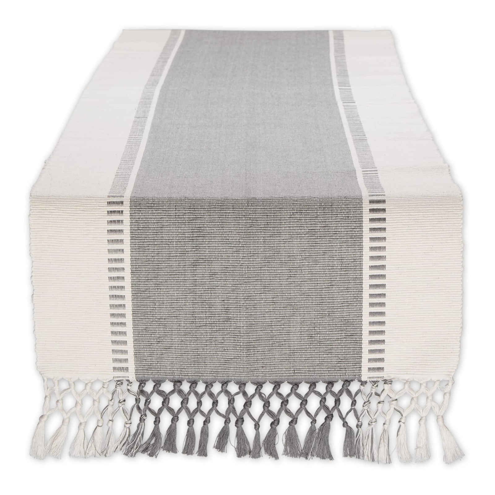 Dobby Stripe Table Runner 13x108in Cool Gray Cotton W/ Fringe