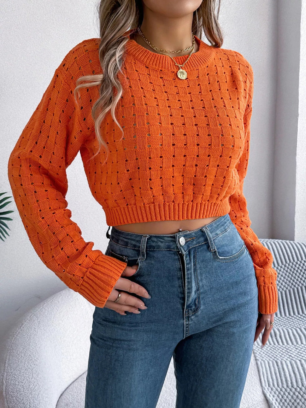 Cutout Back Openwork Round Neck Long Sleeve Sweater