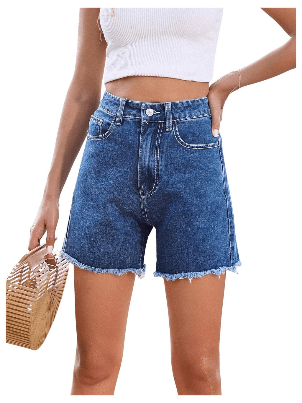 Summer Denim Shorts for Women, High Waist, Size L, Medium Wash