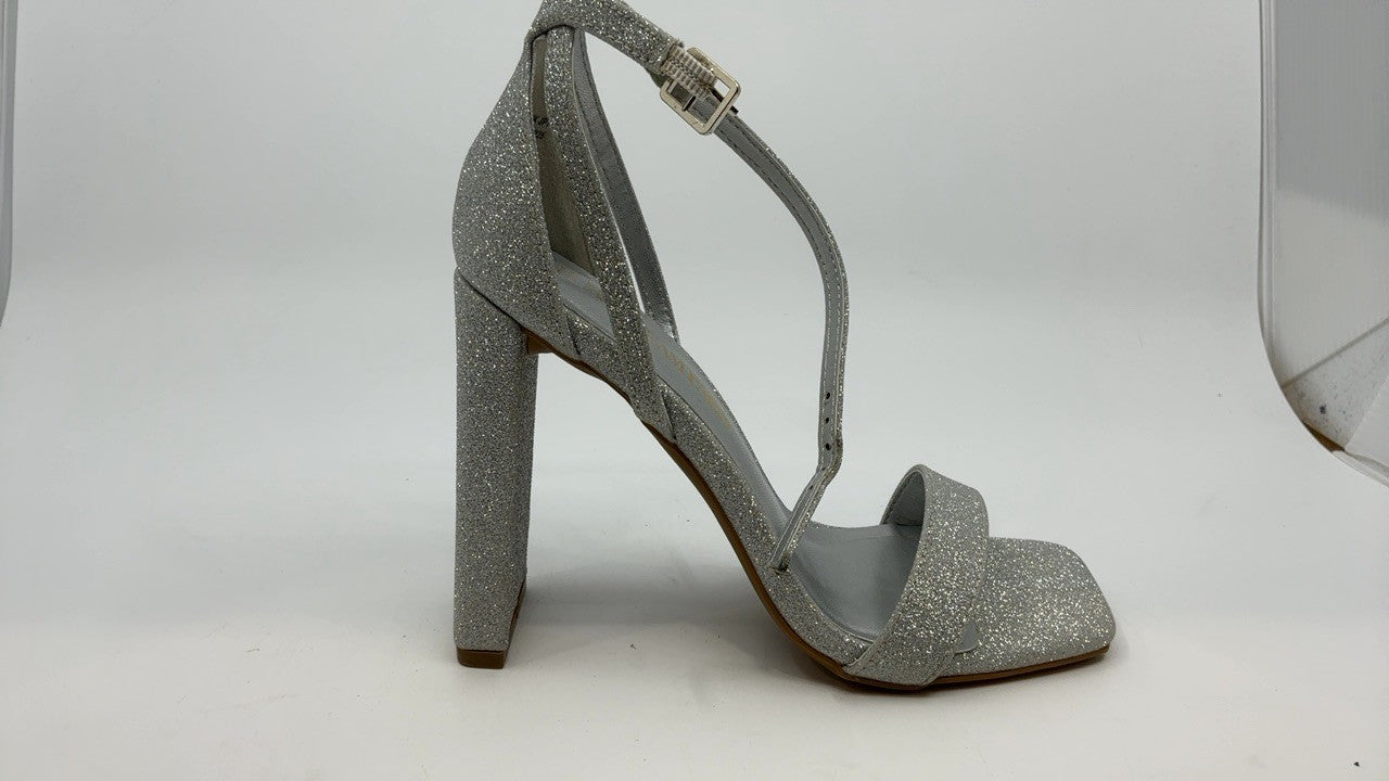 Chunky Block Square Toe Heels Sandals, Size 5.5, Silver
