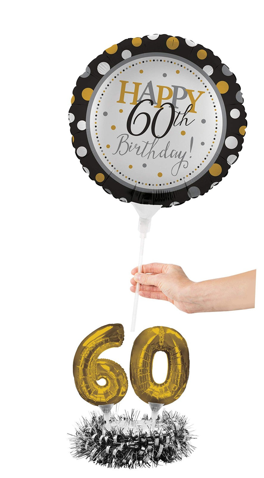 60th Birthday Balloon Centerpiece Black & Gold Mylar Decoration