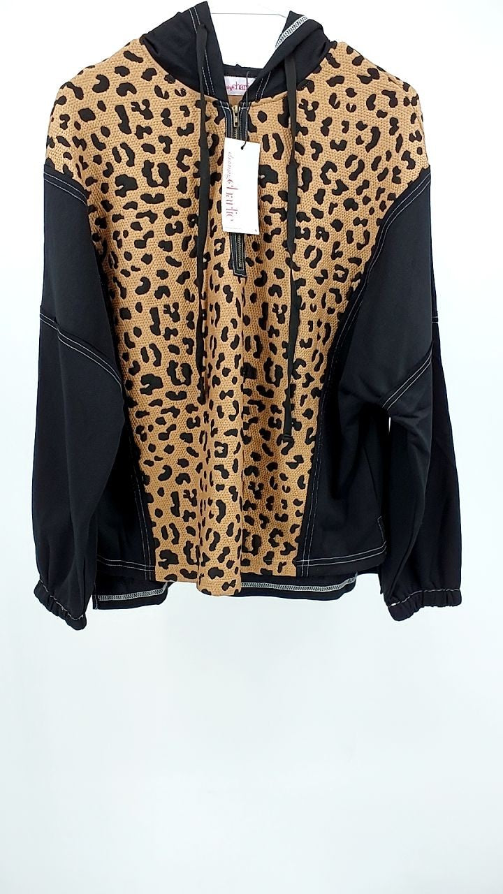 Leopard Patchwork Contrast Stitching Knotted Cuff Quarter Zip Hoodie