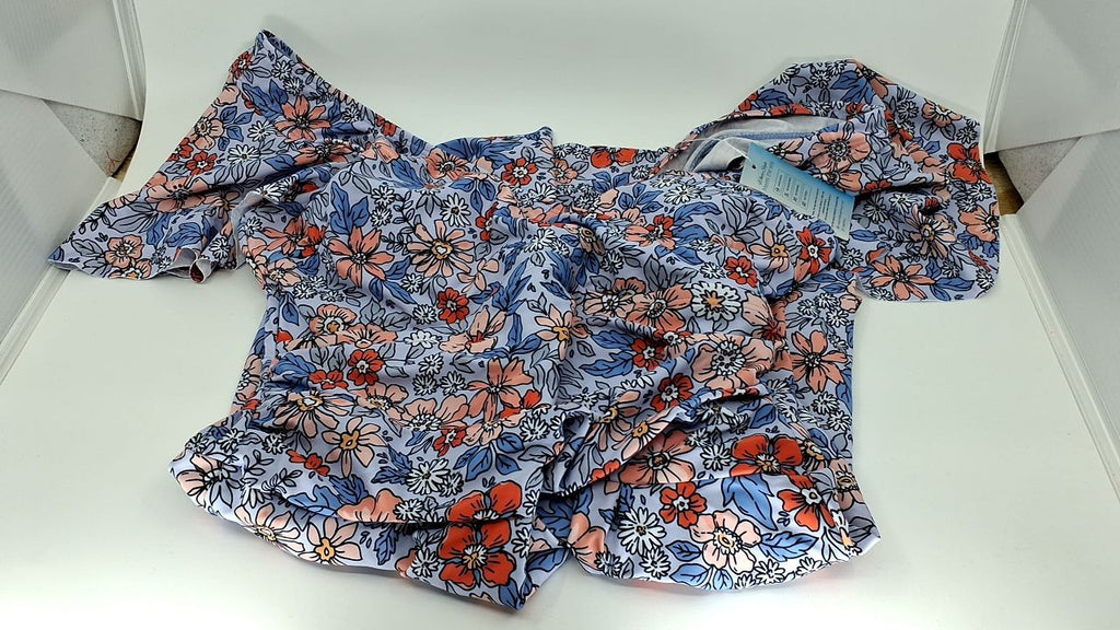 Modest One Piece Swim Dress w/ Shorts Tummy Control Orange Floral M