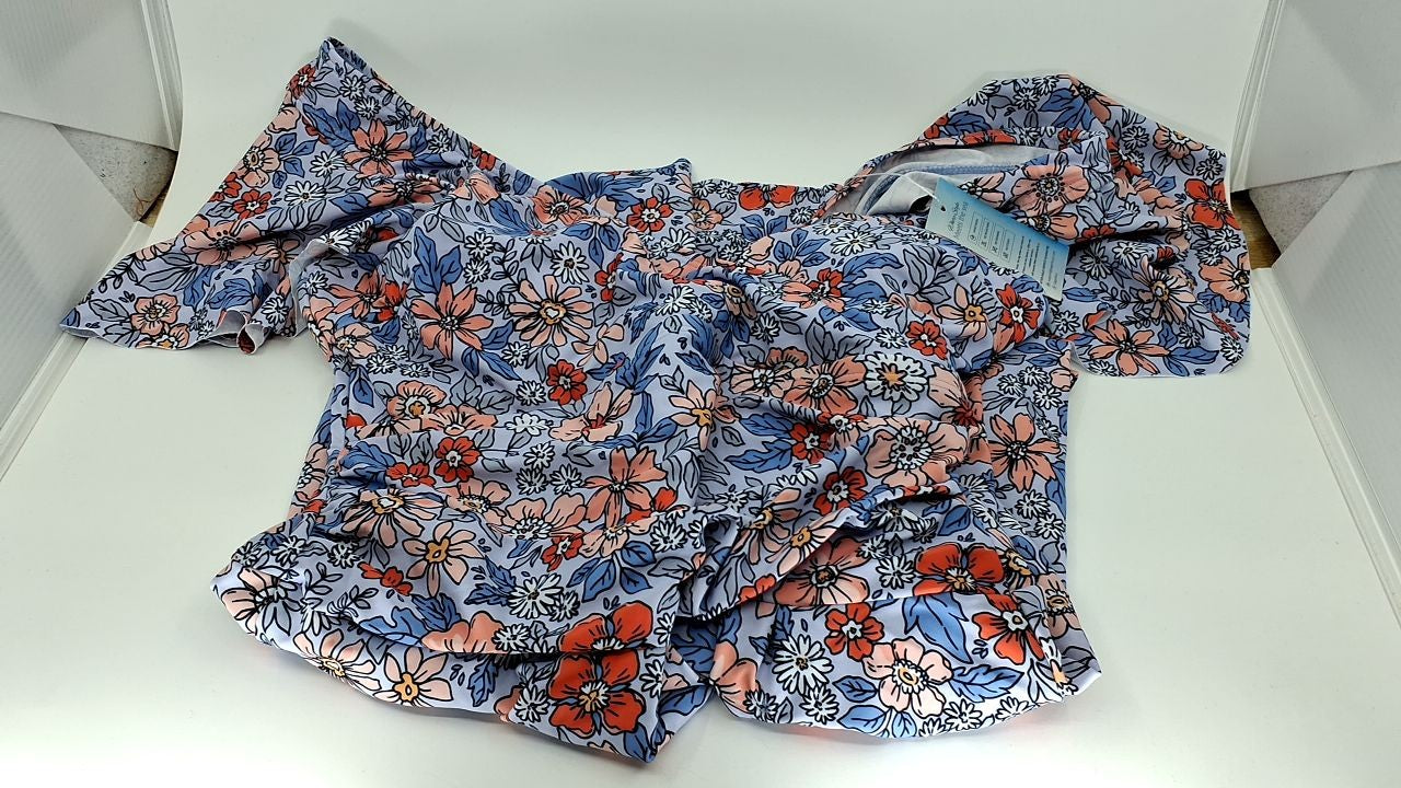 Modest One Piece Swim Dress w/ Shorts Tummy Control Orange Floral M