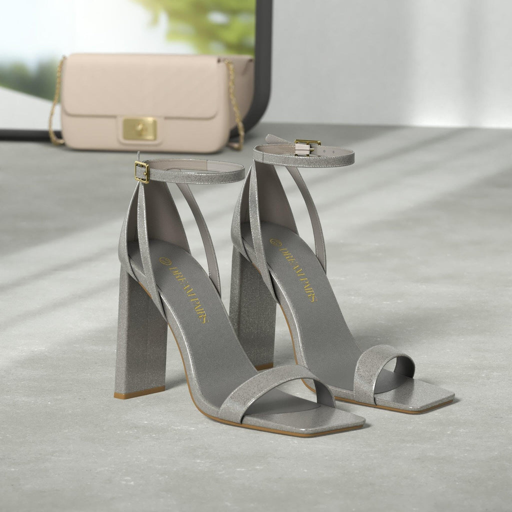 Chunky Block Square Toe Heels Sandals, Size 5.5, Silver