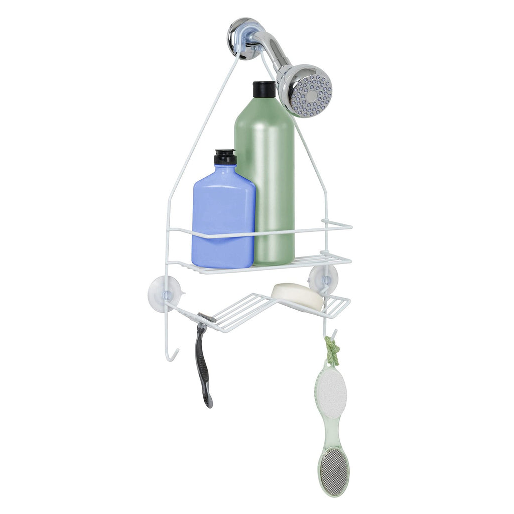 Hanging Shower Caddy Over Head, White Steel, 1 Wide Shelf & Soap Dish