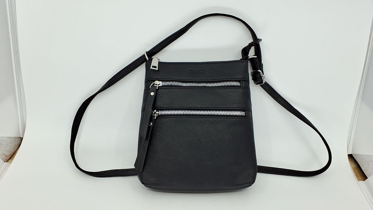 Small Black Crossbody Handbag w/ Adjustable Strap & Multi Zipper Pockets