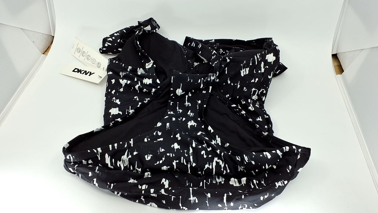 DKNY Ruffle V-Neck One Piece Swimsuit w/ Tummy Control, Small, Black Multi