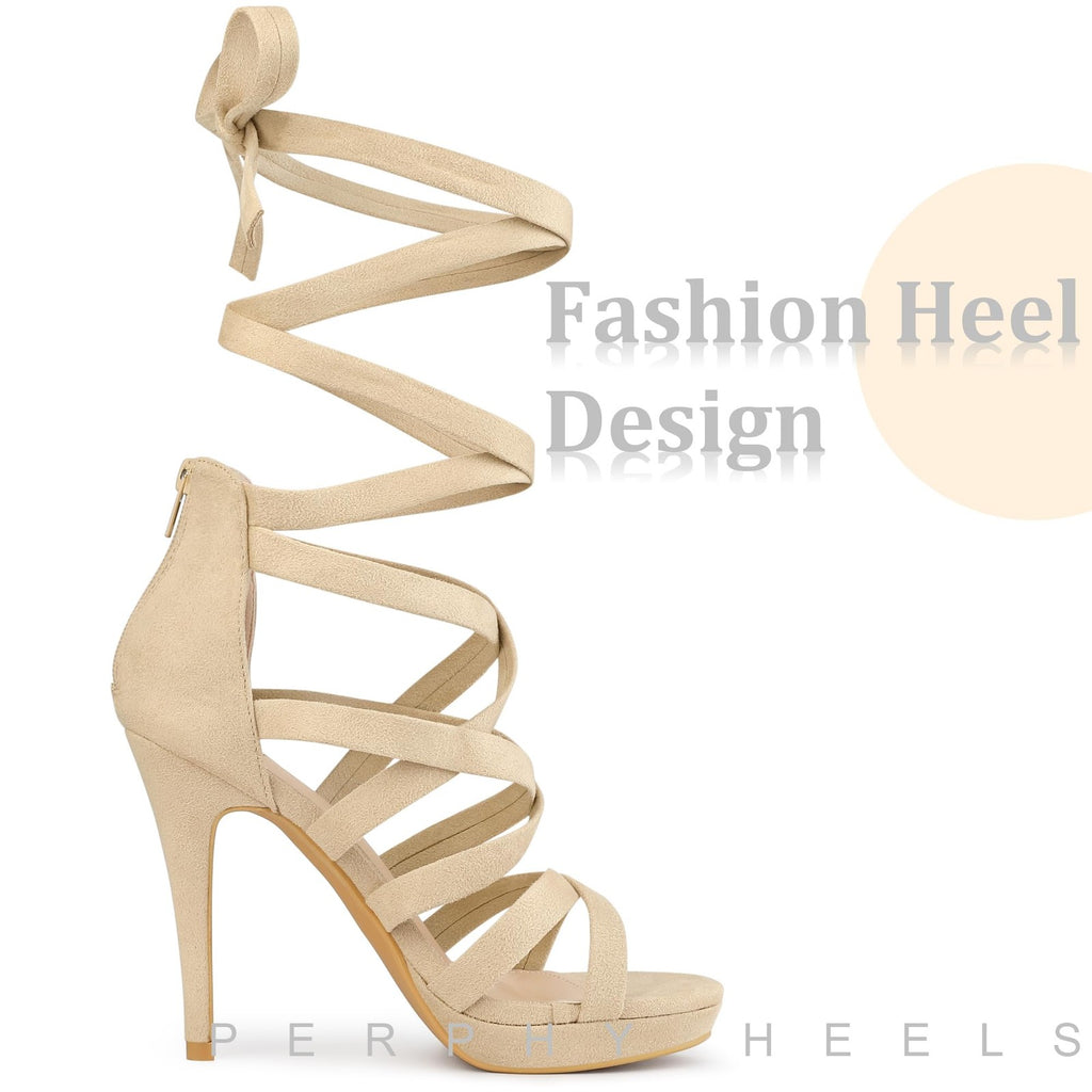 Perphy Strappy Platform Lace Up Stiletto Heels Beige Sandals for Women 8.5 M US