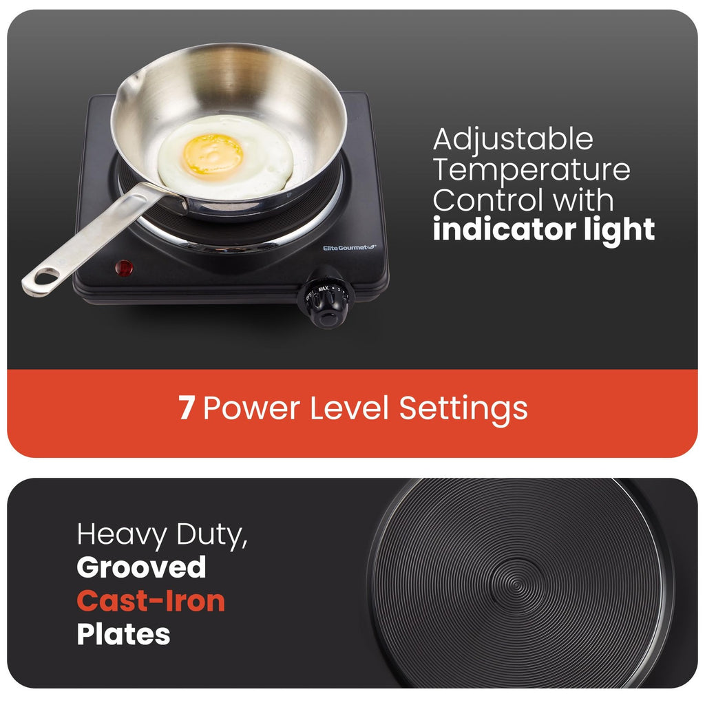 Compact 1000W Cast Iron Electric Hot Plate, Temperature Controls, Black