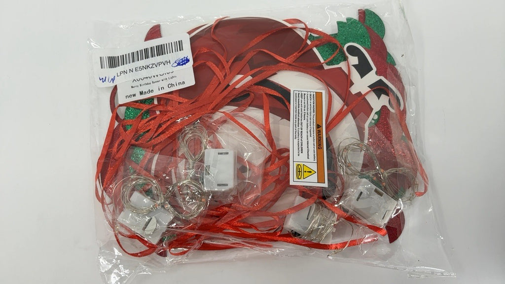 Christmas Birthday Party Banner, Glittery Design w/ Battery Fairy Lights