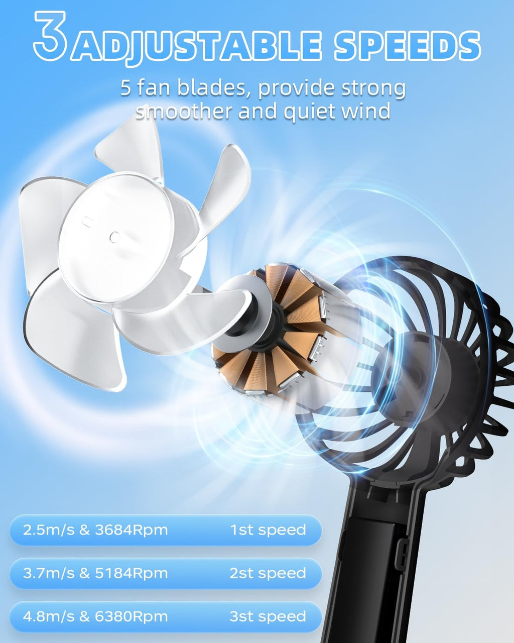 Mini Hand Fan, 1800mAh, USB Rechargeable, Personal Makeup Fan, Black