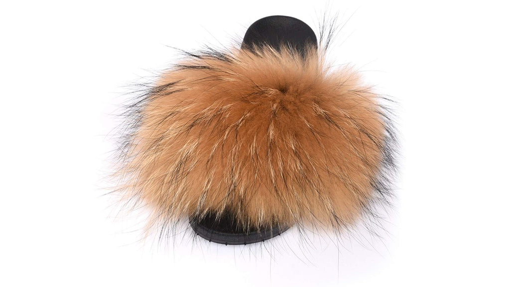 Fluffy Open Toe Slippers for Women Natural Faux Fur Size 9-10
