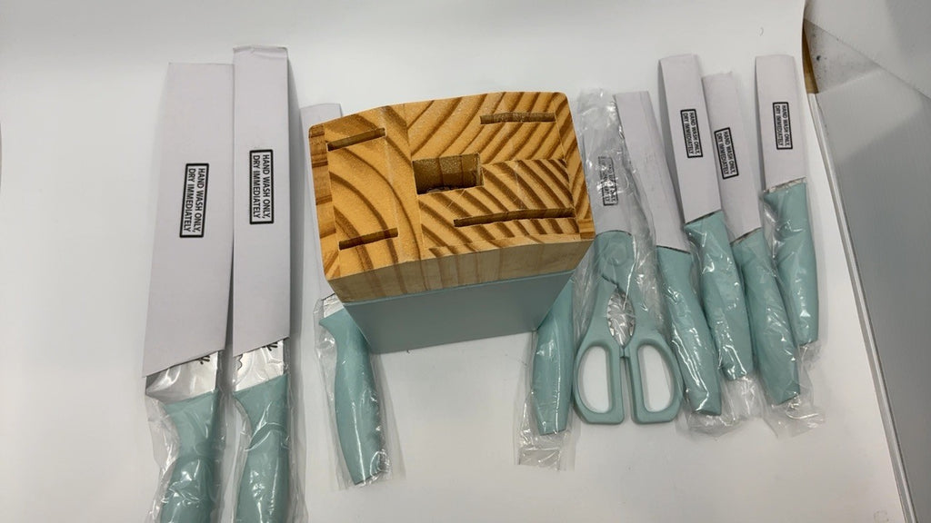10-Piece Aqua Knife Block Set: Chef, Bread, Utility, Paring, Steak Knives