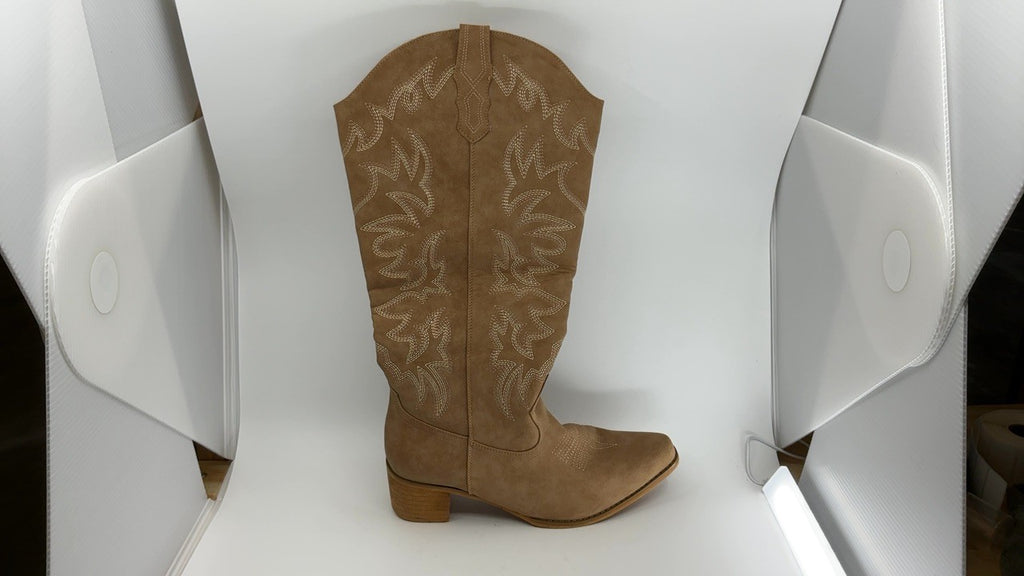 Camel Knee High Cowboy Boots for Women 11.5W Side Zipper Chunky Heel