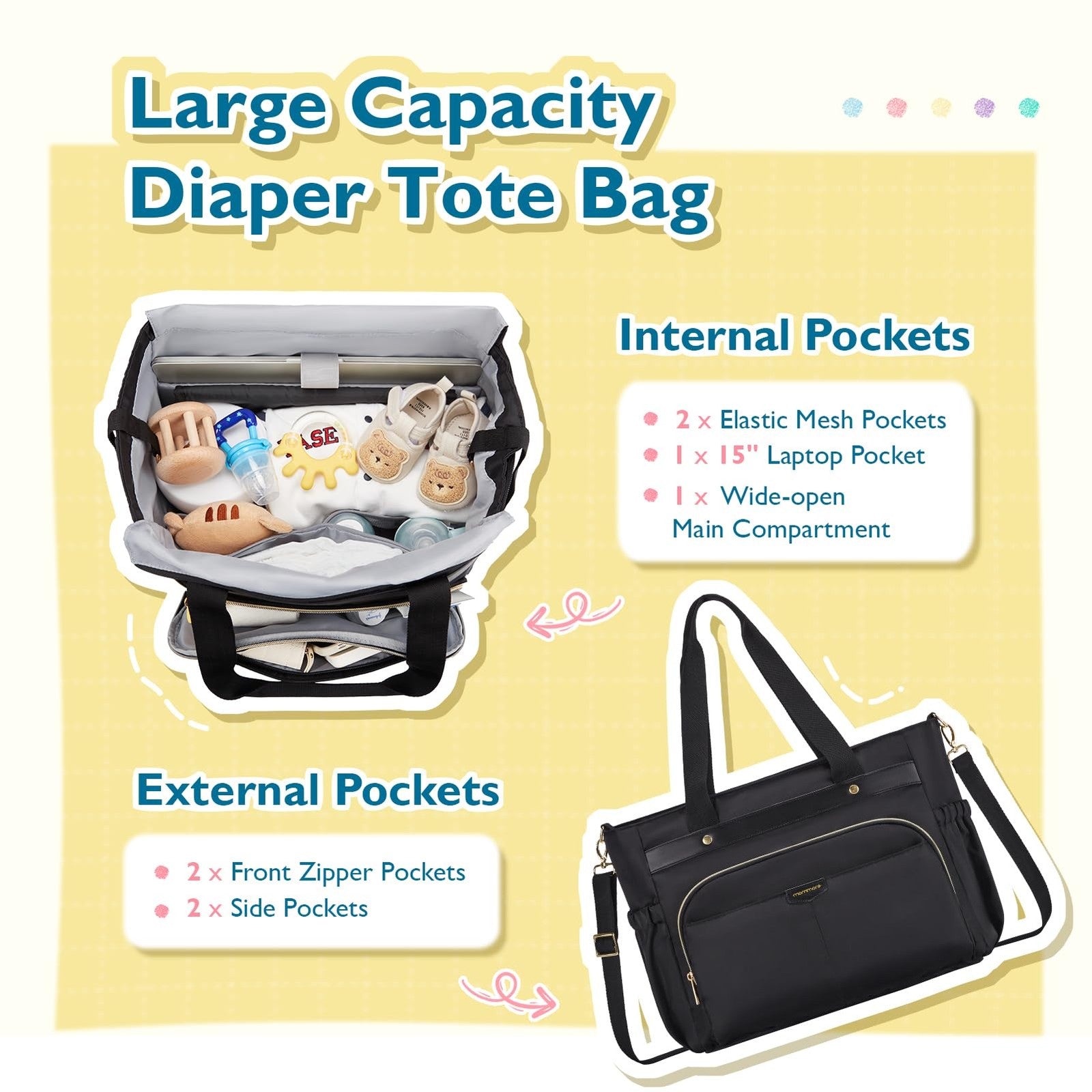 Large Diaper Bag w/ Breast Pump Cooler & 15in Laptop Compartment