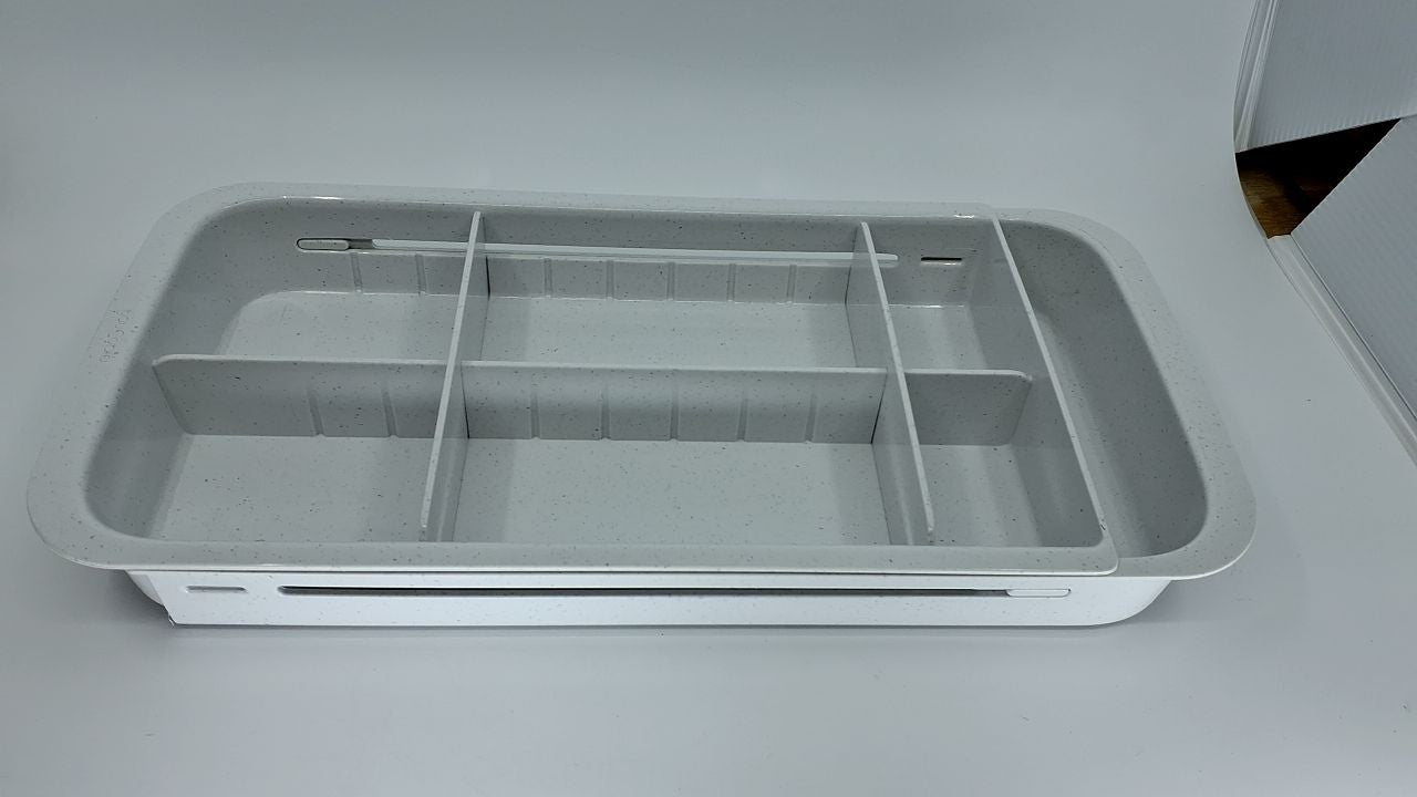 Adjustable Divided Drawer Tray, Expandable Kitchen Storage, Speckled White
