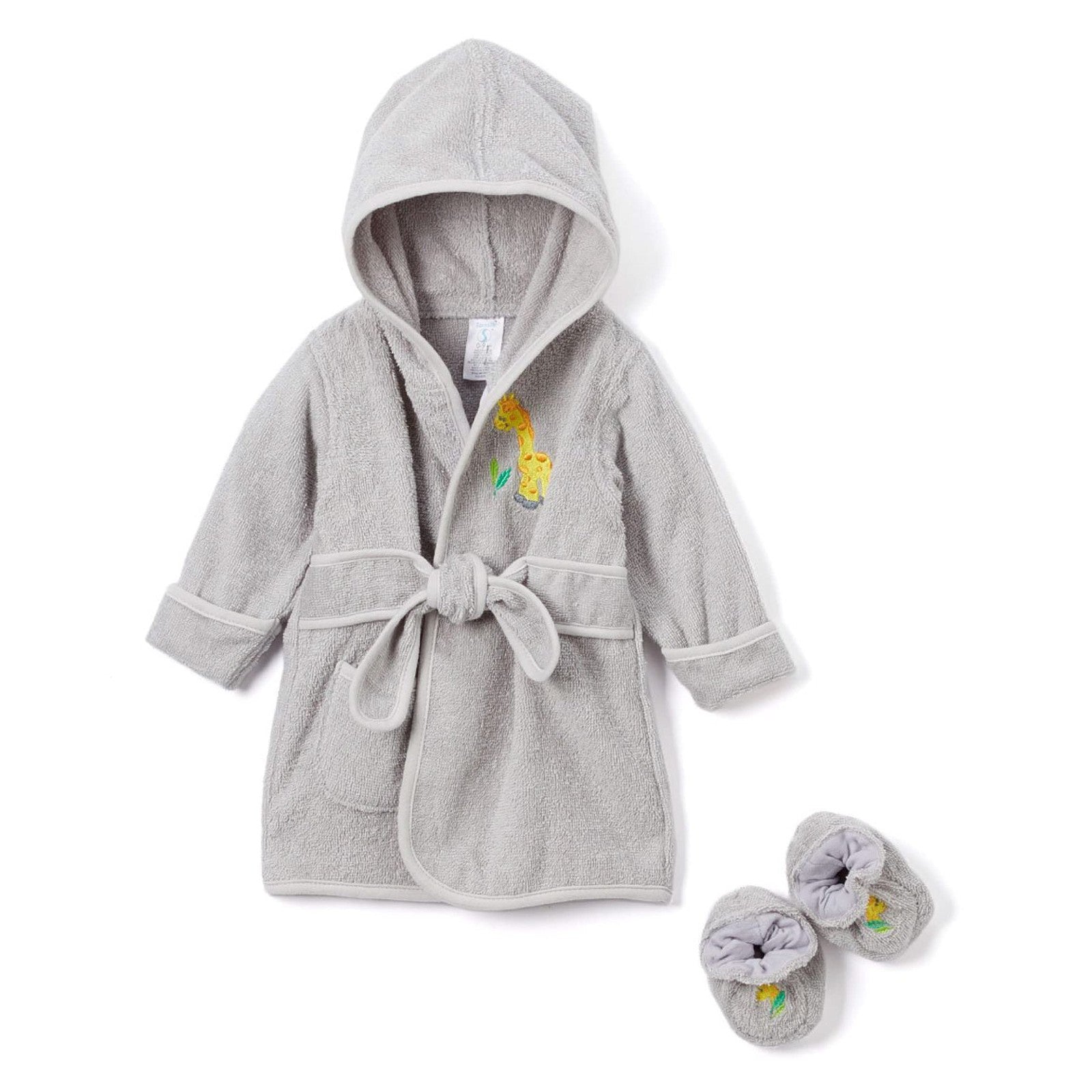 Cotton Hooded Bathrobe & Booties Set, Grey Giraffe, Baby 0-9 Months
