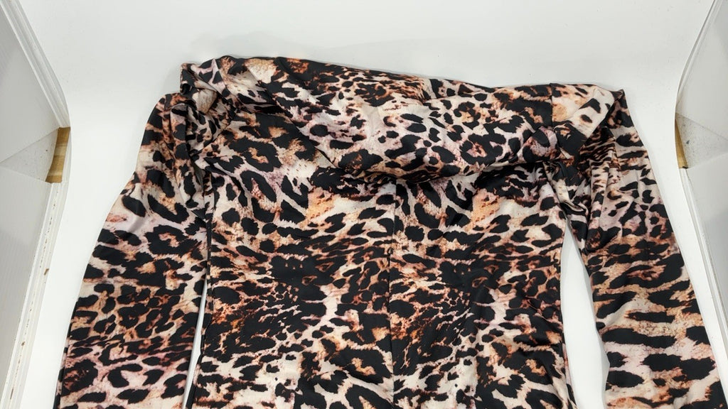 Womens Leopard Print Romper Bodycon Jumpsuit Long Sleeve Medium