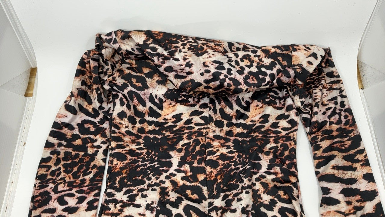Womens Leopard Print Romper Bodycon Jumpsuit Long Sleeve Medium