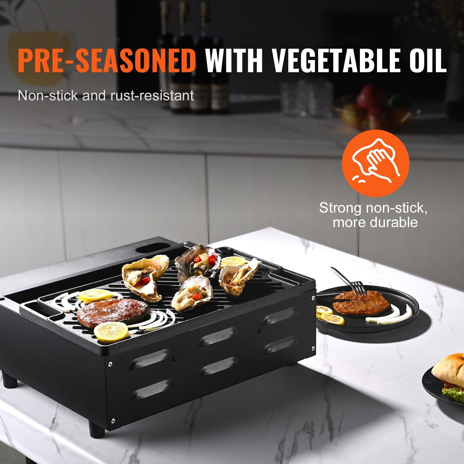 Rectangular 17x10'' Cast Iron Griddle Pan, Non-Stick, BBQ, Black
