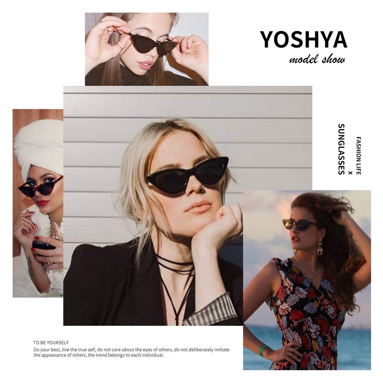 YOSHYA Retro Vintage Narrow Cat Eye Sunglasses for Women (Black Grey + Red Grey)