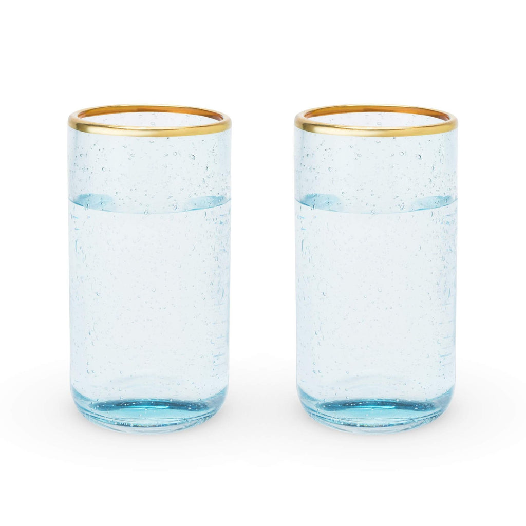 16 oz Blue Aqua Glass Tumblers Set of 2, Gold Rimmed Drinkware