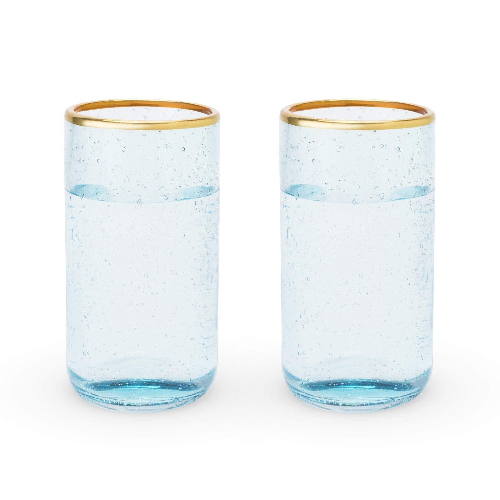 16 oz Blue Aqua Glass Tumblers Set of 2, Gold Rimmed Drinkware