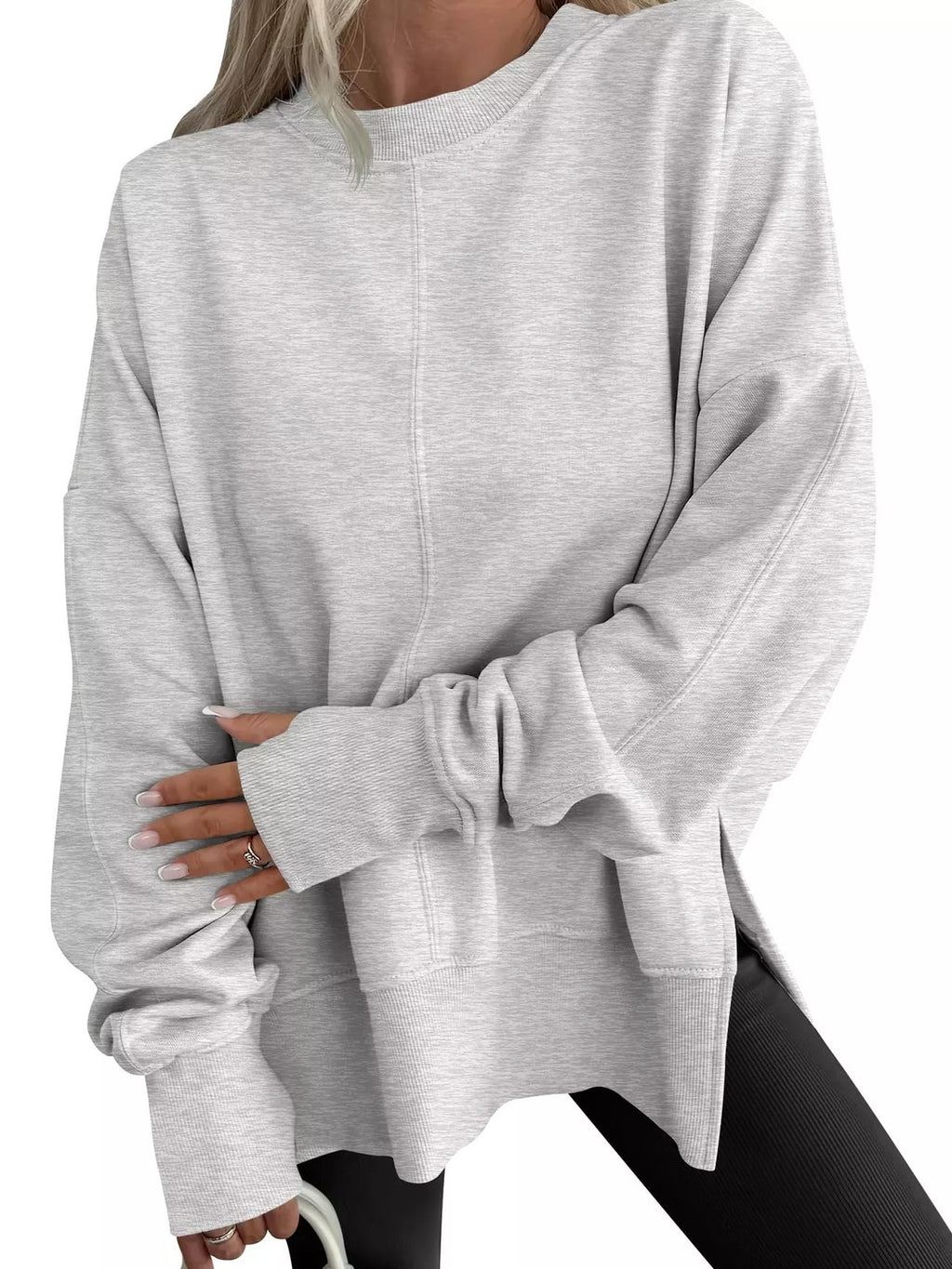 Side Slit Round Neck Long Sleeve Sweatshirt