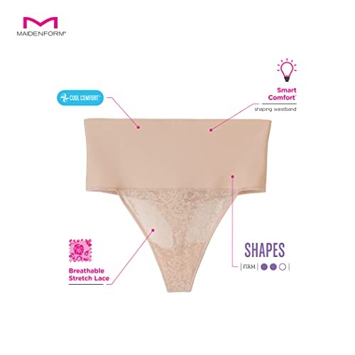 Maidenform DM0049 Tame Your Tummy Lace Thong, Black Lace, Small