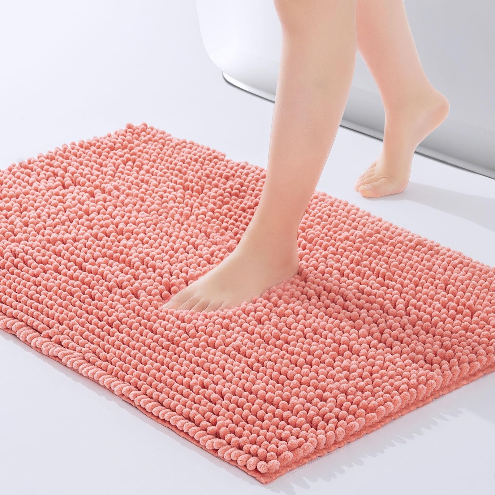 Non-Slip Chenille Bath Mat 24x17 in Coral, Quick Dry & Durable