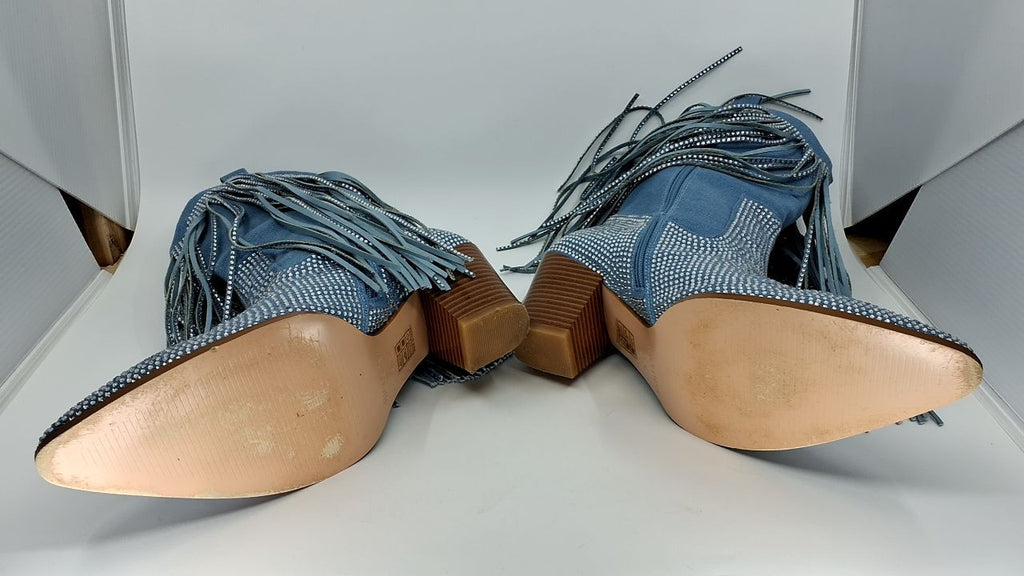 Women’s Cowboy Boots, Chunky Heel, Pointed Toe, Denim, Size 9.5
