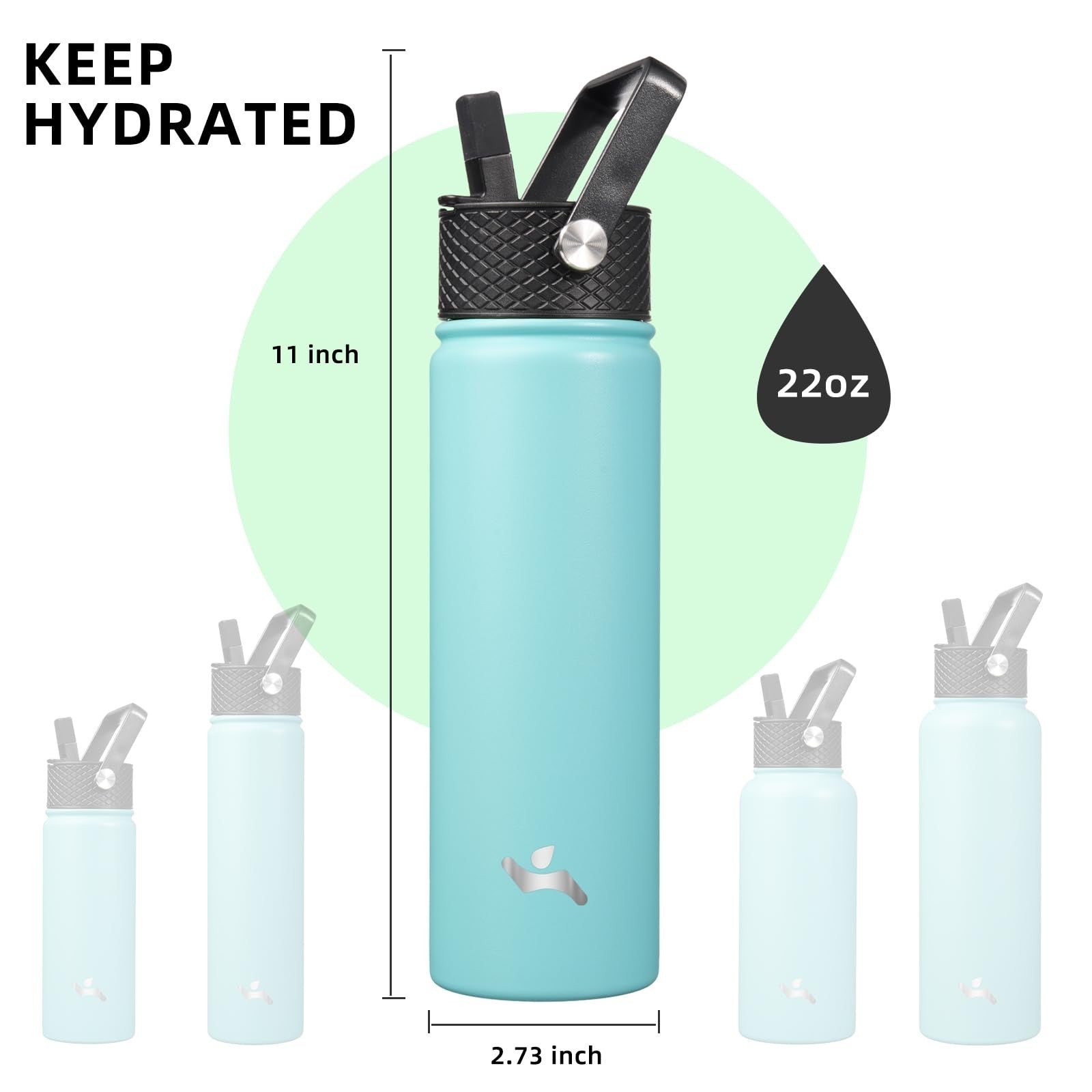 22oz Stainless Steel Insulated Water Bottle w/ 3 Lids, Turquoise