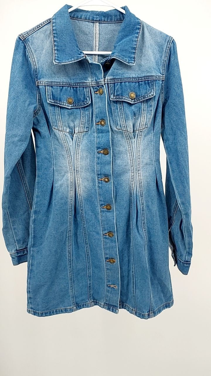 Pocketed Button Up Long Sleeve Denim Dress