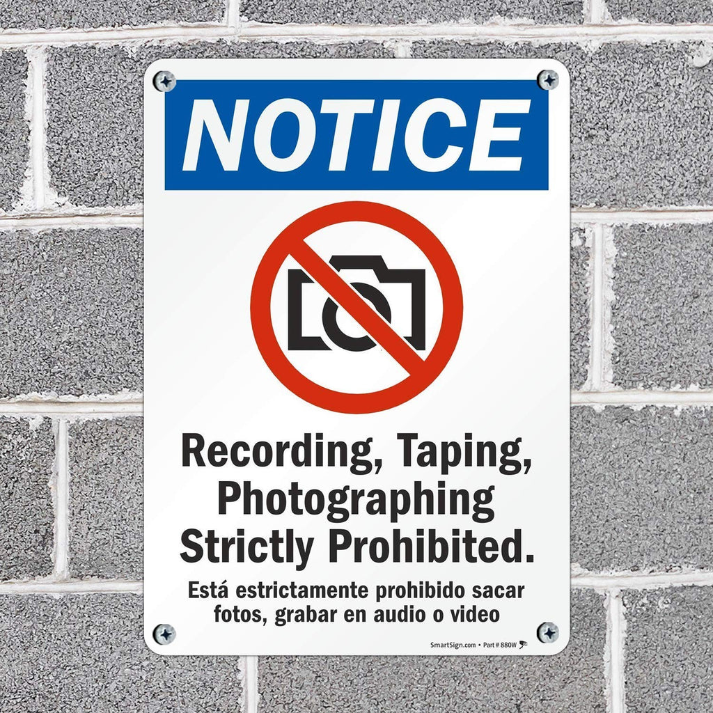 Plastic Notice Sign 10" x 14" - Recording & Photographing Prohibited