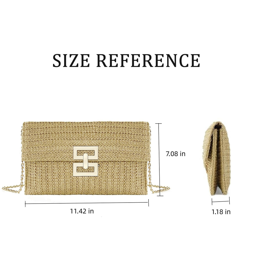 Khaki Straw Clutch Purse 10.2x5.9in Woven Beach Bag w/ Strap