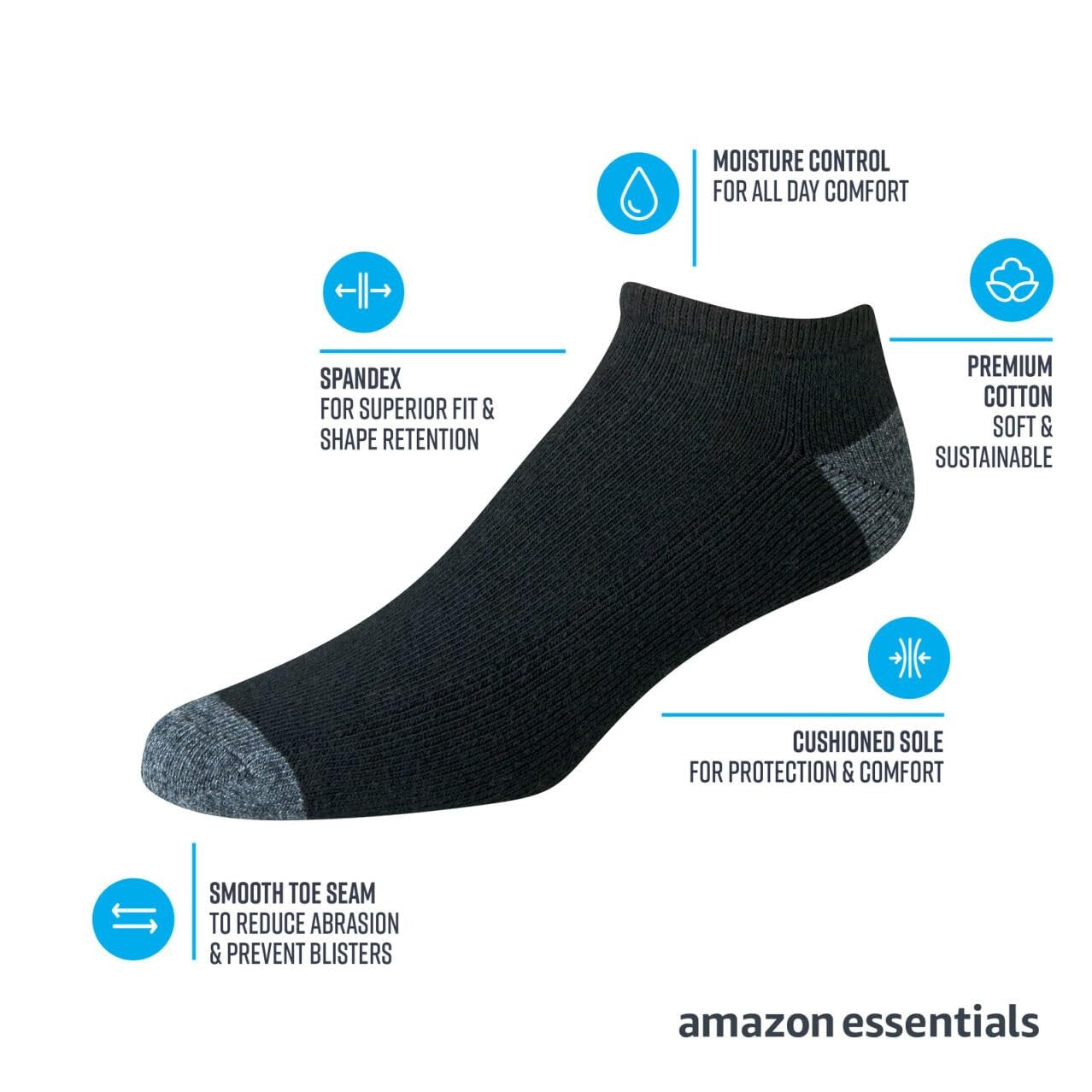Men's Cushioned Athletic Socks, 10 Pairs, Black, No-Show, Size 13-15