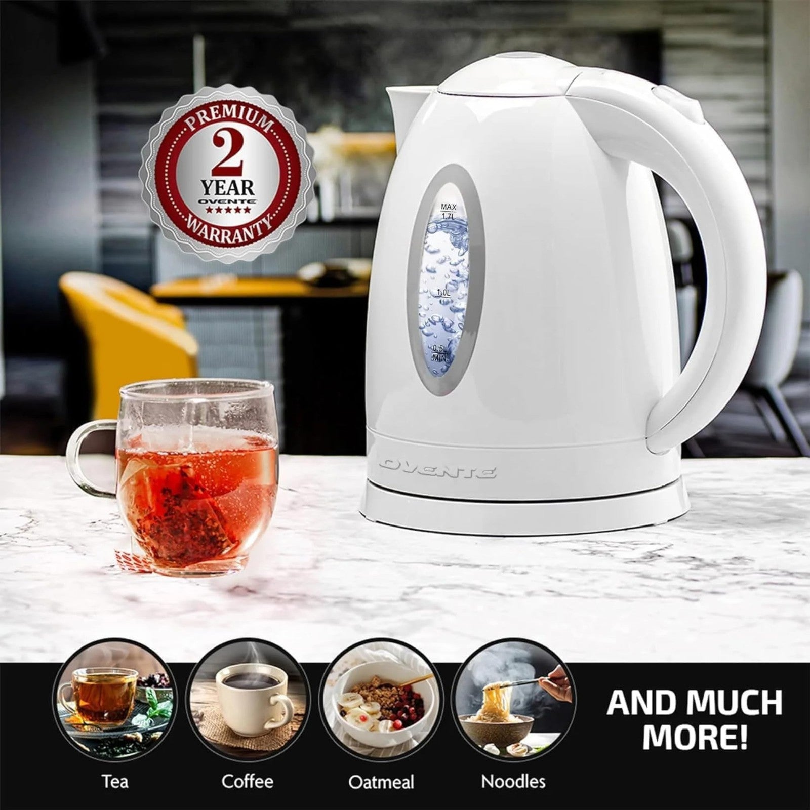 OVENTE 1.7L White Electric Kettle w/ Water Level Gauge & Removable Filter