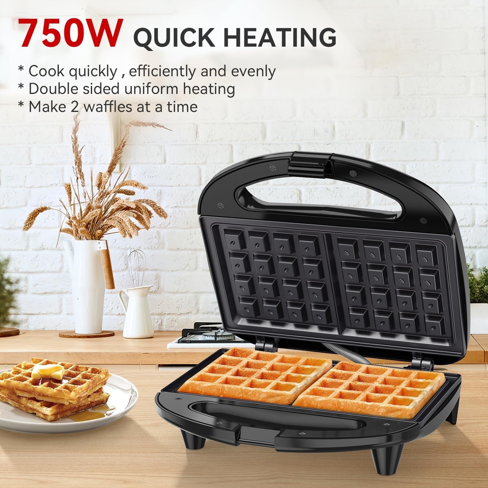 OSTBA 750W Waffle Maker 2 Slice Non-Stick Compact Design