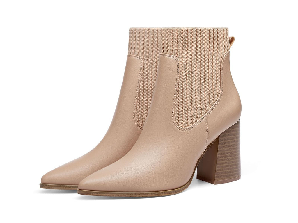 Coutgo Womens Khaki Chelsea Boots Pointed Toe Chunky Block Heel Size 7.5