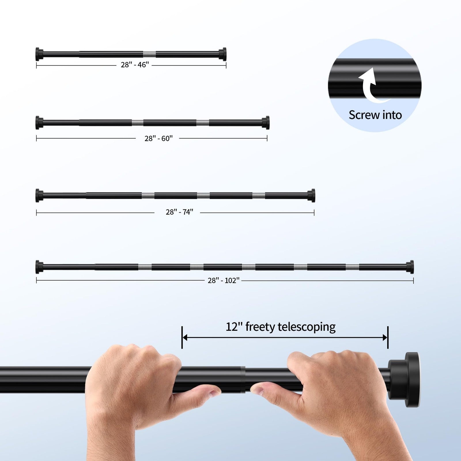 Heavy Duty Tension Shower Curtain Rod 28-102 In, Black, No Drilling