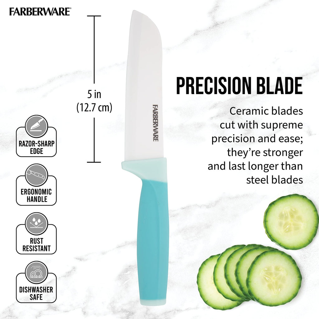 5-Inch Aqua Santoku Knife, Ergonomic Handle, Ceramic Blade, Dishwasher Safe