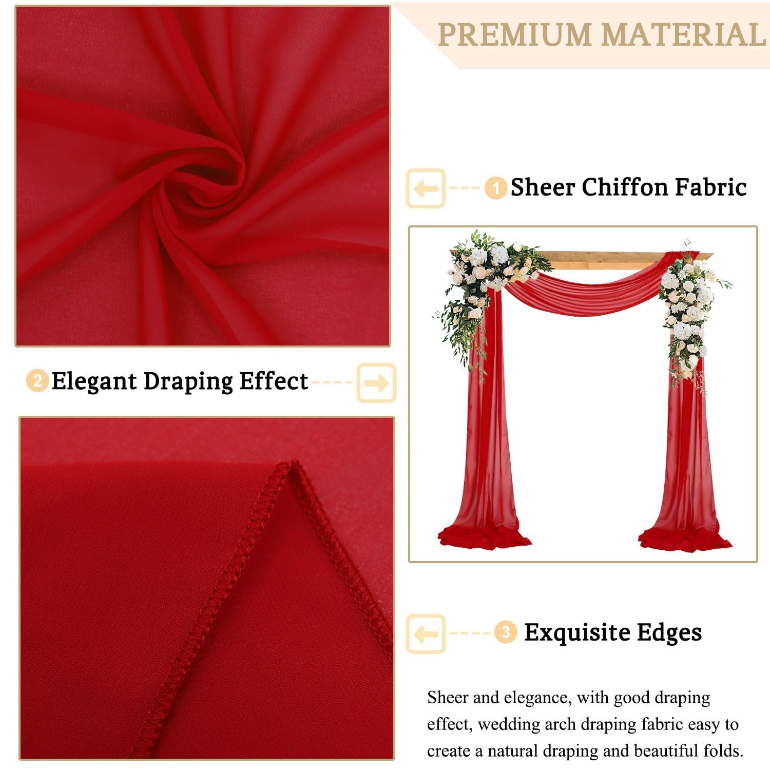 18ft Red Chiffon Draping Fabric for Wedding Arch & Party Decor