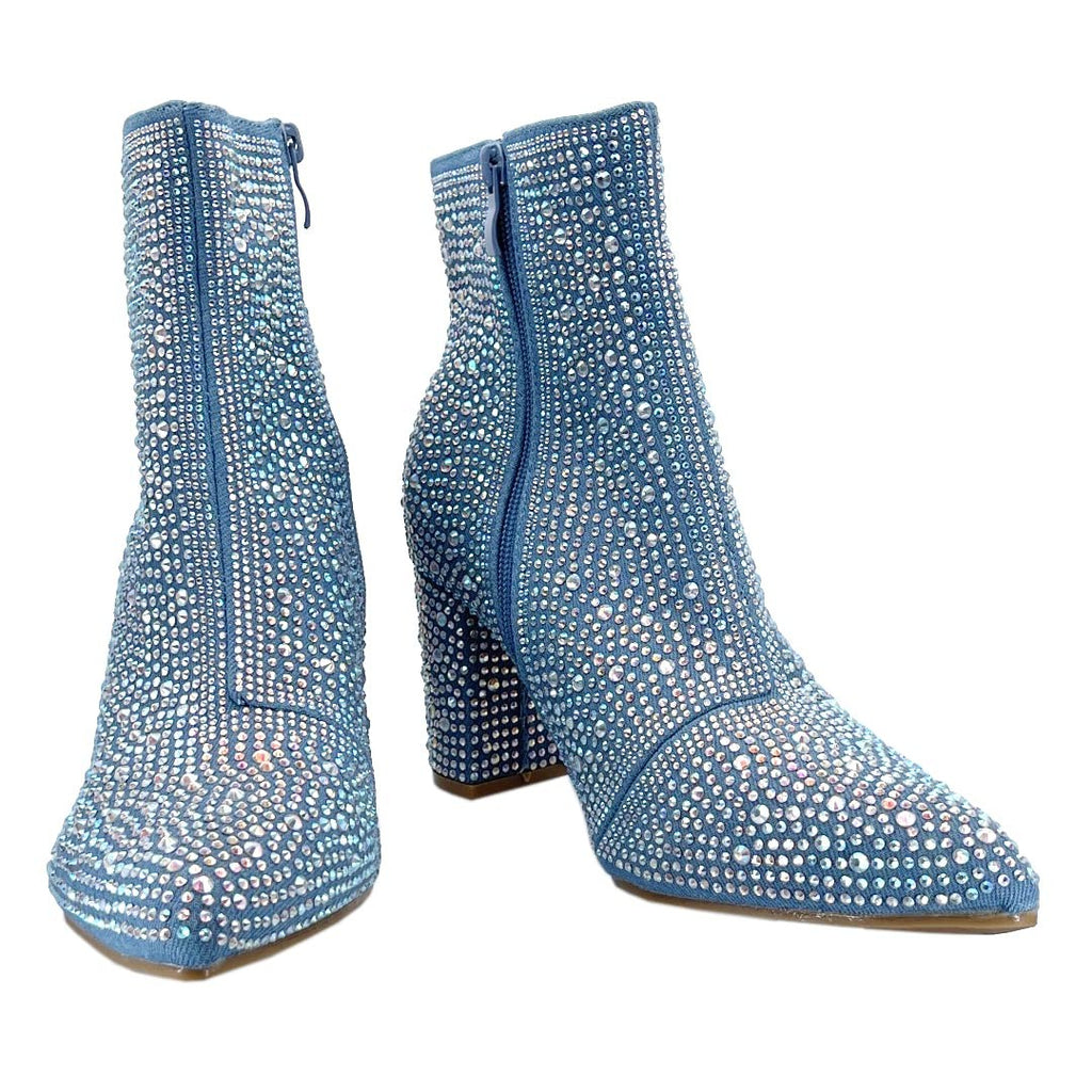 ABSOLEX Women's Blue Denim Pointed Toe Rhinestone Ankle Booties Size 8