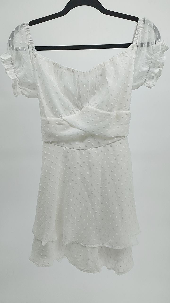 Women Summer Ruffle Romper Puff Sleeve Swiss Dot Jumpsuit White L