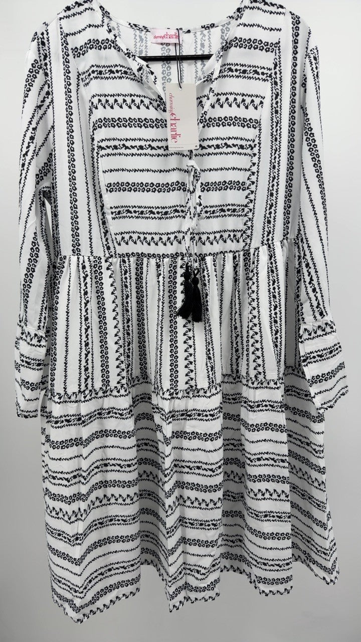 Printed Tie Neck Three-Quarter Sleeve Mini Dress