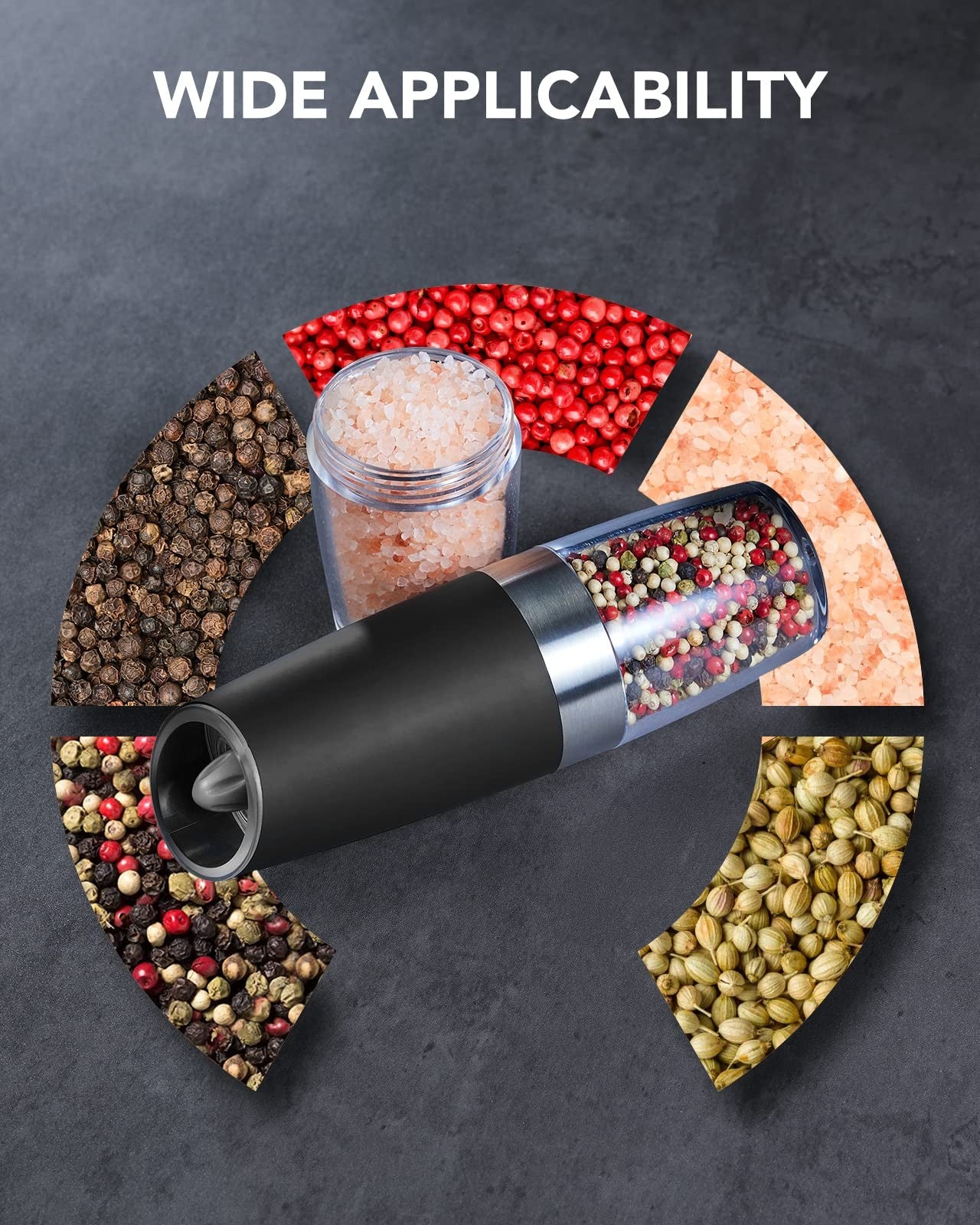 Automatic Salt & Pepper Grinder Set w/ LED Light, Black, Adjustable Coarseness