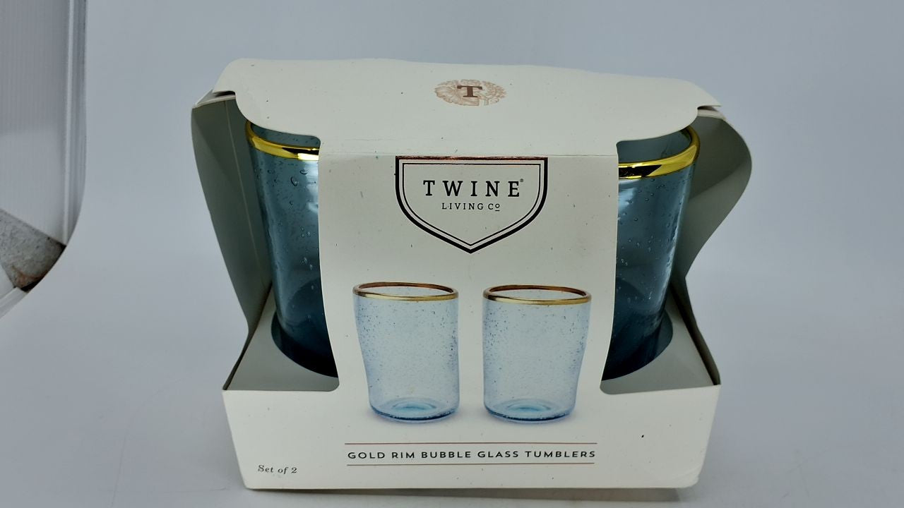 16 oz Blue Aqua Glass Tumblers Set of 2, Gold Rimmed Drinkware